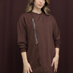 10735 Puane 2 İp Kumaş Fermuar Detaylı Sweatshirt-KAHVE