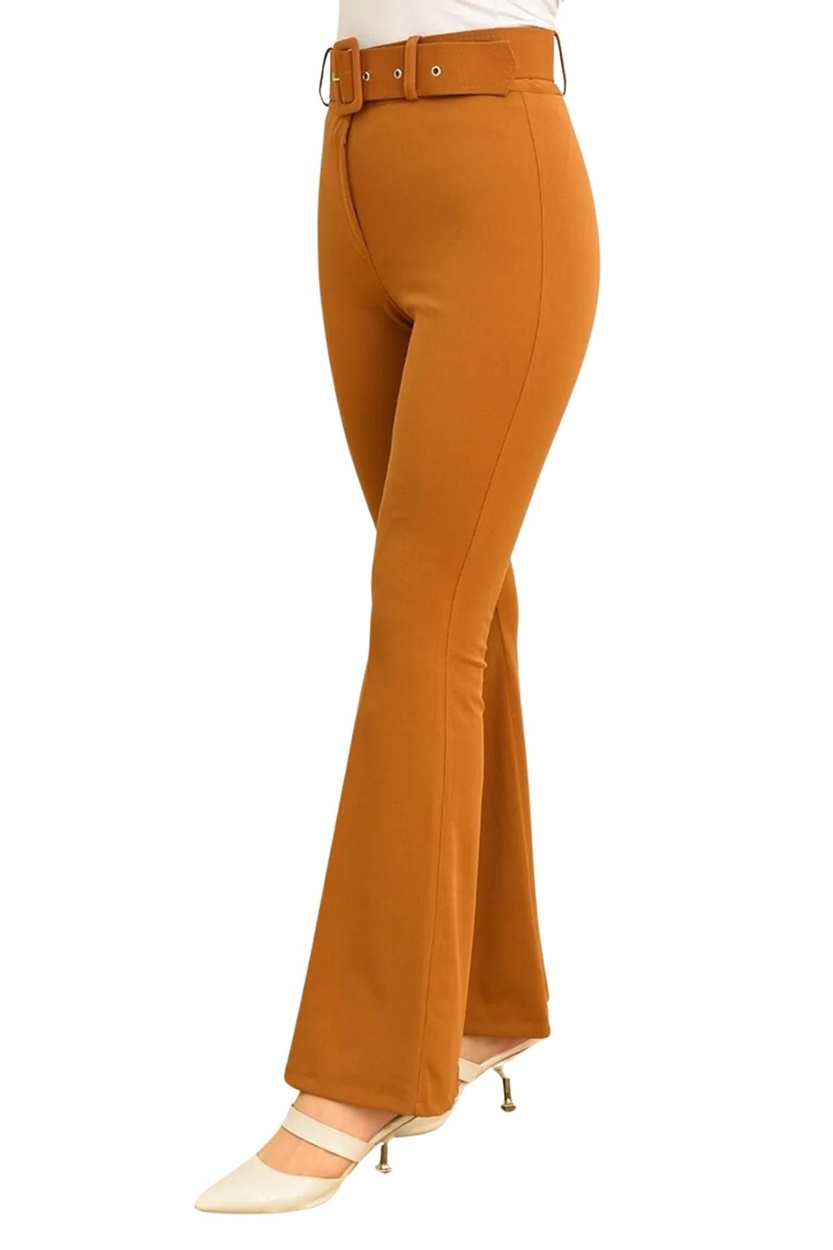 2001 Scuba Krep Kemerli İspanyol Paça Kumaş Pantolon-Hardal