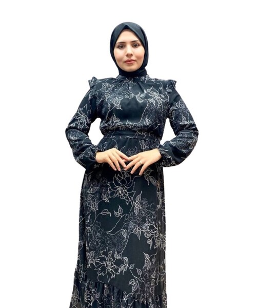 8003 Çiçek Desenli Şifon Elbise-SİYAH