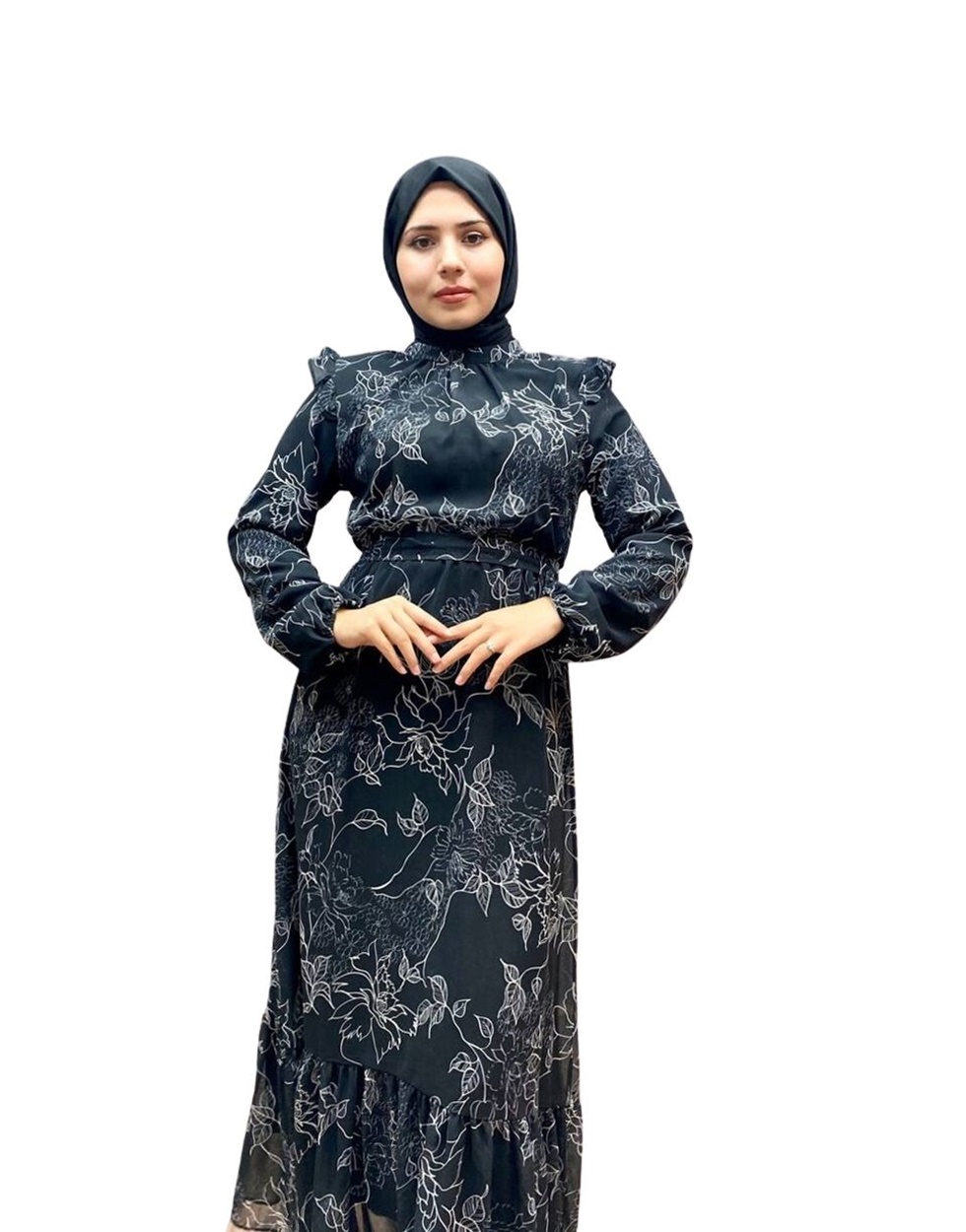 8003 Çiçek Desenli Şifon Elbise-SİYAH