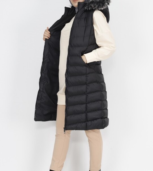 1026 Jessica Kumaş Cep Fermuarlı Dolum Şişme Yelek-SİYAH