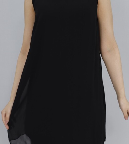 10270 Puane Şifon Kumaş Detaylı Kolsuz Penye İçlik-SİYAH