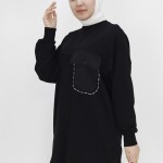 10376 Puane  Cepli Ve Nakışlı İki İplik Sweatshirt-SİYAH