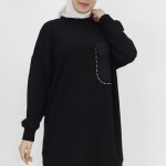 10376 Puane  Cepli Ve Nakışlı İki İplik Sweatshirt-SİYAH