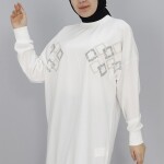 10394 Puane Pul ve Boncuk Detaylı İki İplik Sweatshirt-EKRU