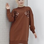 10394 Puane Pul ve Boncuk Detaylı İki İplik Sweatshirt-KAHVE