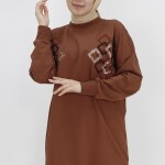 10394 Puane Pul ve Boncuk Detaylı İki İplik Sweatshirt-KAHVE