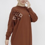 10394 Puane Pul ve Boncuk Detaylı İki İplik Sweatshirt-KAHVE