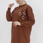 10394 Puane Pul ve Boncuk Detaylı İki İplik Sweatshirt-KAHVE