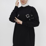 10394 Puane Pul ve Boncuk Detaylı İki İplik Sweatshirt-SİYAH