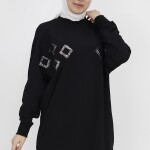 10394 Puane Pul ve Boncuk Detaylı İki İplik Sweatshirt-SİYAH