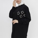 10394 Puane Pul ve Boncuk Detaylı İki İplik Sweatshirt-SİYAH