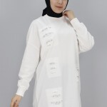 10409 Puane İki İplik Kumaş Taşlı Sweatshirt-EKRU