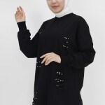 10409 Puane İki İplik Kumaş Taşlı Sweatshirt-SİYAH