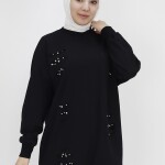 10409 Puane İki İplik Kumaş Taşlı Sweatshirt-SİYAH