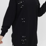 10409 Puane İki İplik Kumaş Taşlı Sweatshirt-SİYAH