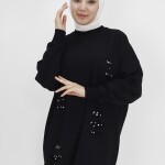 10409 Puane İki İplik Kumaş Taşlı Sweatshirt-SİYAH