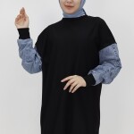 10410 Puane Kolları Kot Detaylı İki İplik Sweatshirt-SİYAH