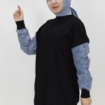 10410 Puane Kolları Kot Detaylı İki İplik Sweatshirt-SİYAH