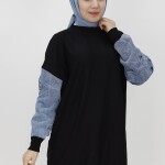 10410 Puane Kolları Kot Detaylı İki İplik Sweatshirt-SİYAH