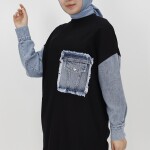 10411 Puane Kot Cep Detaylı İki İplik Sweatshirt-SİYAH