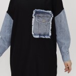 10411 Puane Kot Cep Detaylı İki İplik Sweatshirt-SİYAH