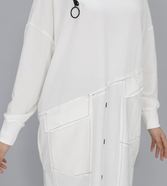 10412 Puane Fermuar ve Cep Detaylı İki İplik Sweatshirt-EKRU