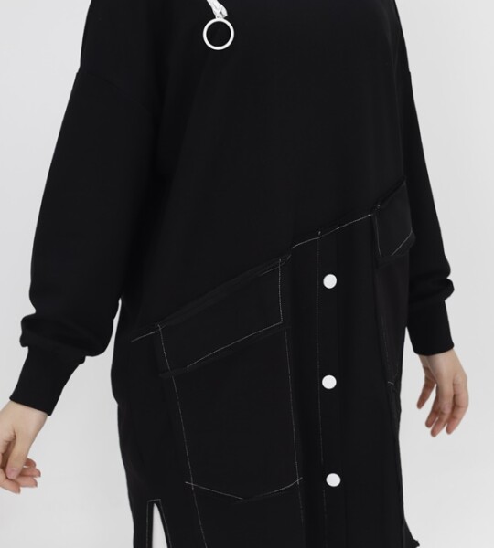 10412 Puane Fermuar ve Cep Detaylı İki İplik Sweatshirt-SİYAH