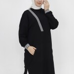 10416 Puane Ribana ve Yırtmaç Detaylı İki İplik Sweatshirt-SİYAH