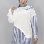 10452 Puane Çizgili Gömlek Garnili İki İplik Sweatshirt-EKRU