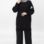 10457 PUANE İKİ İPLİK KUMAŞ SİM DETAYLI VE TAŞLI SWEATSHIRT-SİYAH