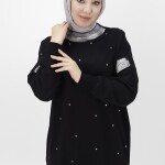 10457 PUANE İKİ İPLİK KUMAŞ SİM DETAYLI VE TAŞLI SWEATSHIRT-SİYAH