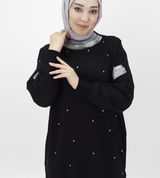 10457 PUANE İKİ İPLİK KUMAŞ SİM DETAYLI VE TAŞLI SWEATSHIRT-SİYAH