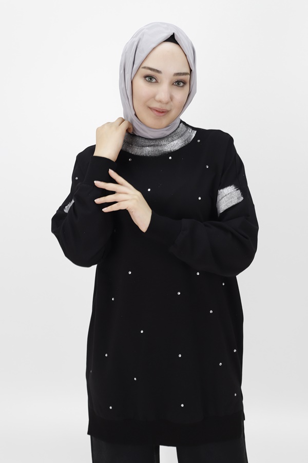 10457 PUANE İKİ İPLİK KUMAŞ SİM DETAYLI VE TAŞLI SWEATSHIRT-SİYAH