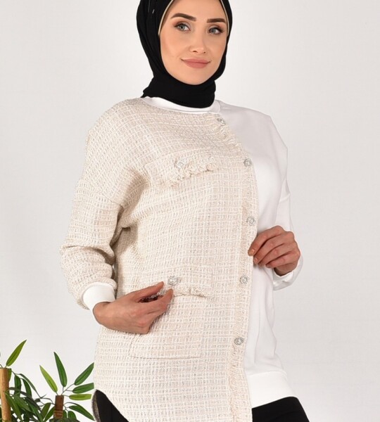 10550 PUANE İKİ İPLİK KUMAŞ ÖRGÜ DETAYLI SWEATSHIRT-EKRU