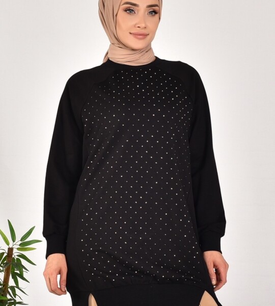 10565 PUANE İKİ İPLİK KUMAŞ ÖNÜ TAŞ BASKILI SWEATSHIRT-SİYAH