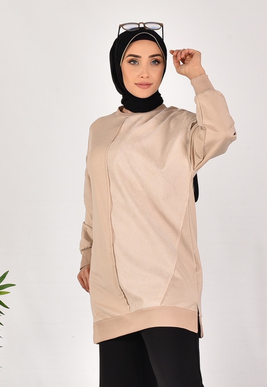 10569 PUANE İKİ İPLİK KUMAŞ ÇİZGİLİ KUMAŞ GARNİLİ SWEATSHIRT-TAŞ