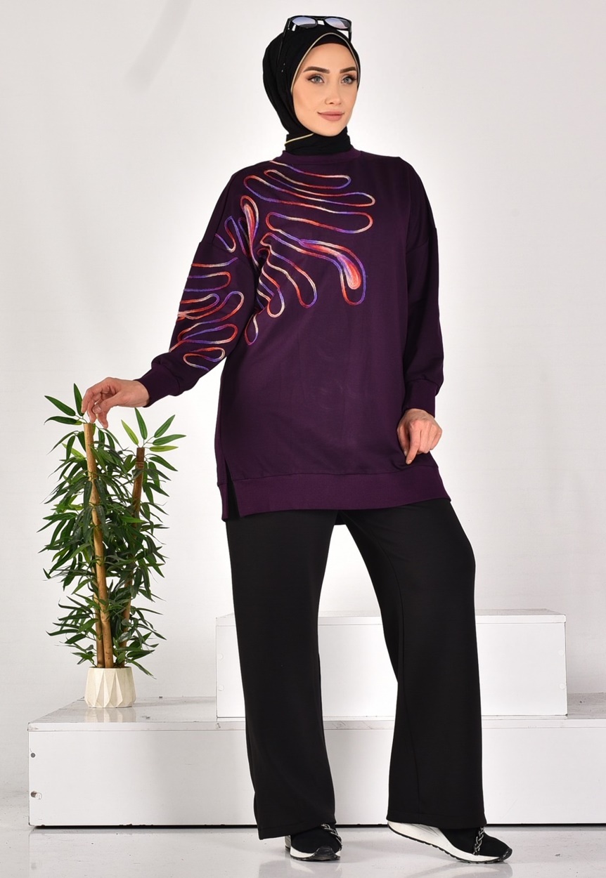 10583 PUANE İKİ İPLİK KUMAŞ ÖRGÜ DESENLİ SWEATSHIRT-MOR