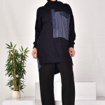 10588 PUANE İKİ İPLİK KUMAŞ DÜĞME VE KUMAŞ DETAYLI SWEATSHIRT-SİYAH