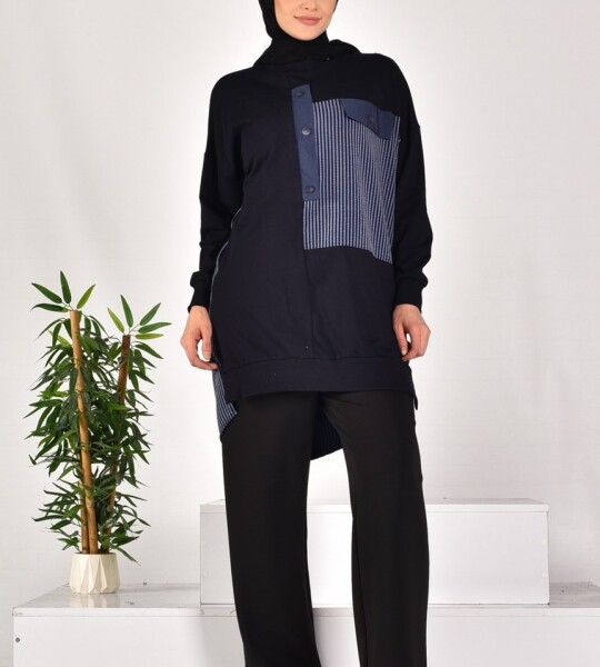 10588 PUANE İKİ İPLİK KUMAŞ DÜĞME VE KUMAŞ DETAYLI SWEATSHIRT-SİYAH