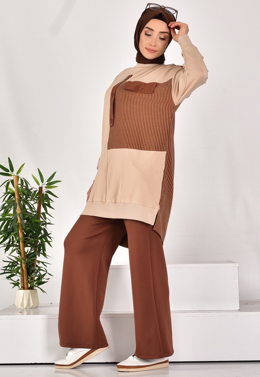 10588 PUANE İKİ İPLİK KUMAŞ DÜĞME VE KUMAŞ DETAYLI SWEATSHIRT-TAŞ