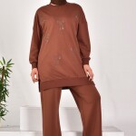 10593 PUANE İKİ İPLİK KUMAŞ TAŞ BASKILI SWEATSHIRT-KAHVE