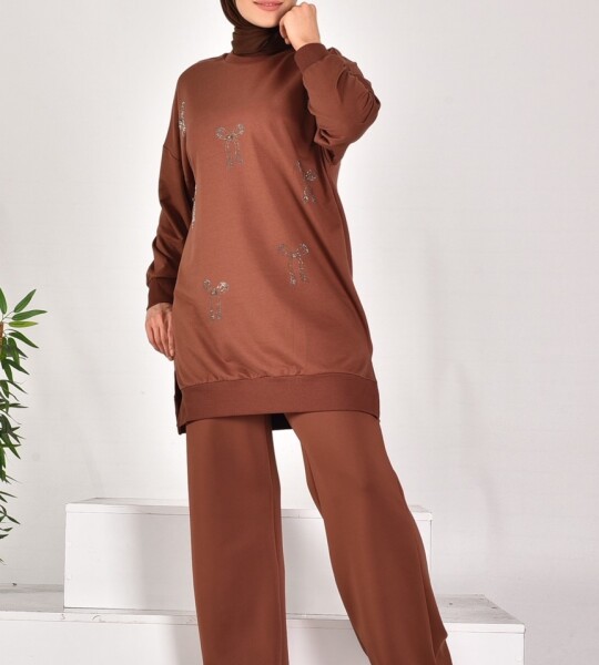 10593 PUANE İKİ İPLİK KUMAŞ TAŞ BASKILI SWEATSHIRT-KAHVE