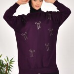 10593 PUANE İKİ İPLİK KUMAŞ TAŞ BASKILI SWEATSHIRT-MOR