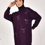 10593 PUANE İKİ İPLİK KUMAŞ TAŞ BASKILI SWEATSHIRT-MOR