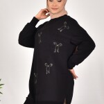 10593 PUANE İKİ İPLİK KUMAŞ TAŞ BASKILI SWEATSHIRT-SİYAH