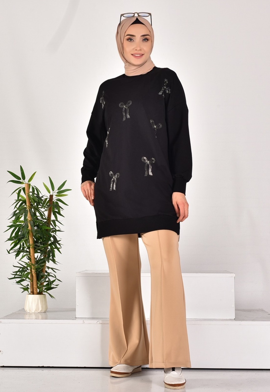 10593 PUANE İKİ İPLİK KUMAŞ TAŞ BASKILI SWEATSHIRT-SİYAH