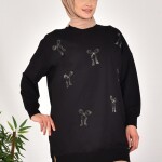 10593 PUANE İKİ İPLİK KUMAŞ TAŞ BASKILI SWEATSHIRT-SİYAH