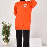 10597 PUANE İKİ İPLİK KUMAŞ CEP VE YAZI DETAYLI SWEATSHIRT-ORANJ