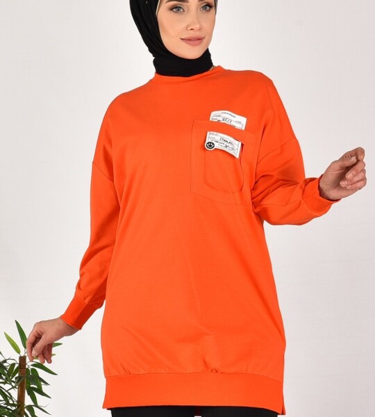 10597 PUANE İKİ İPLİK KUMAŞ CEP VE YAZI DETAYLI SWEATSHIRT-ORANJ